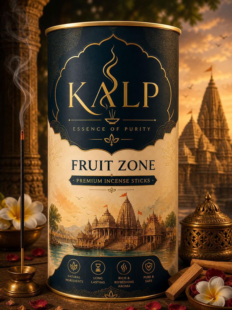 KALP incense stick burning beside a temple-inspired scene